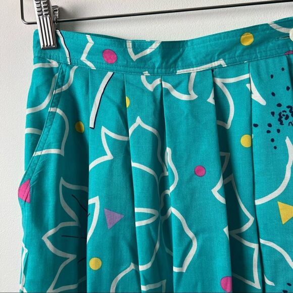 Chaus Vintage 80s Skirt MIDI Teal Vaporwave Polka Dot Flowers Womens Size 8 - Picture 8 of 11
